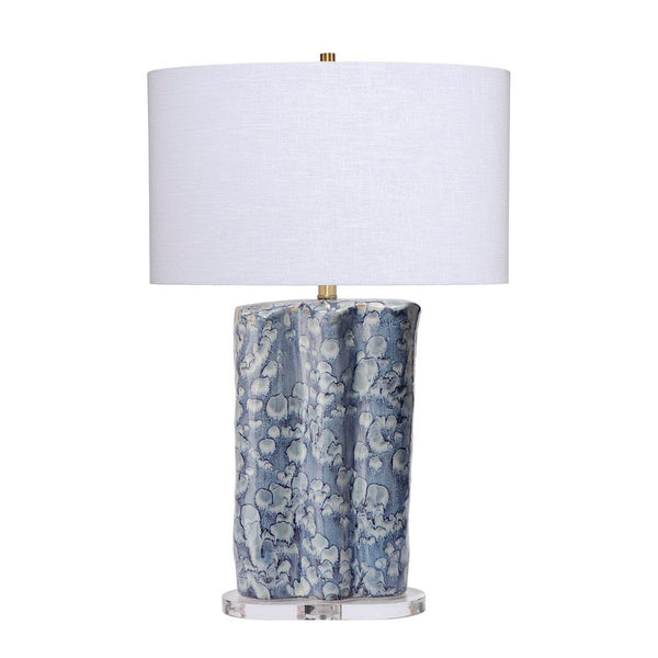 Flix Accent Table Lamp, 28 Inch, White Linen, Blue Scalloped Ceramic -BM334569