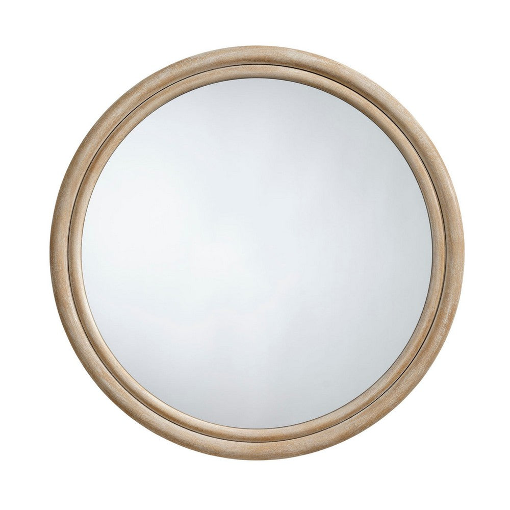 Riri Round Wall Mirror, 36 Inch Brown Wood Frame, Non Beveled Frame -BM334574