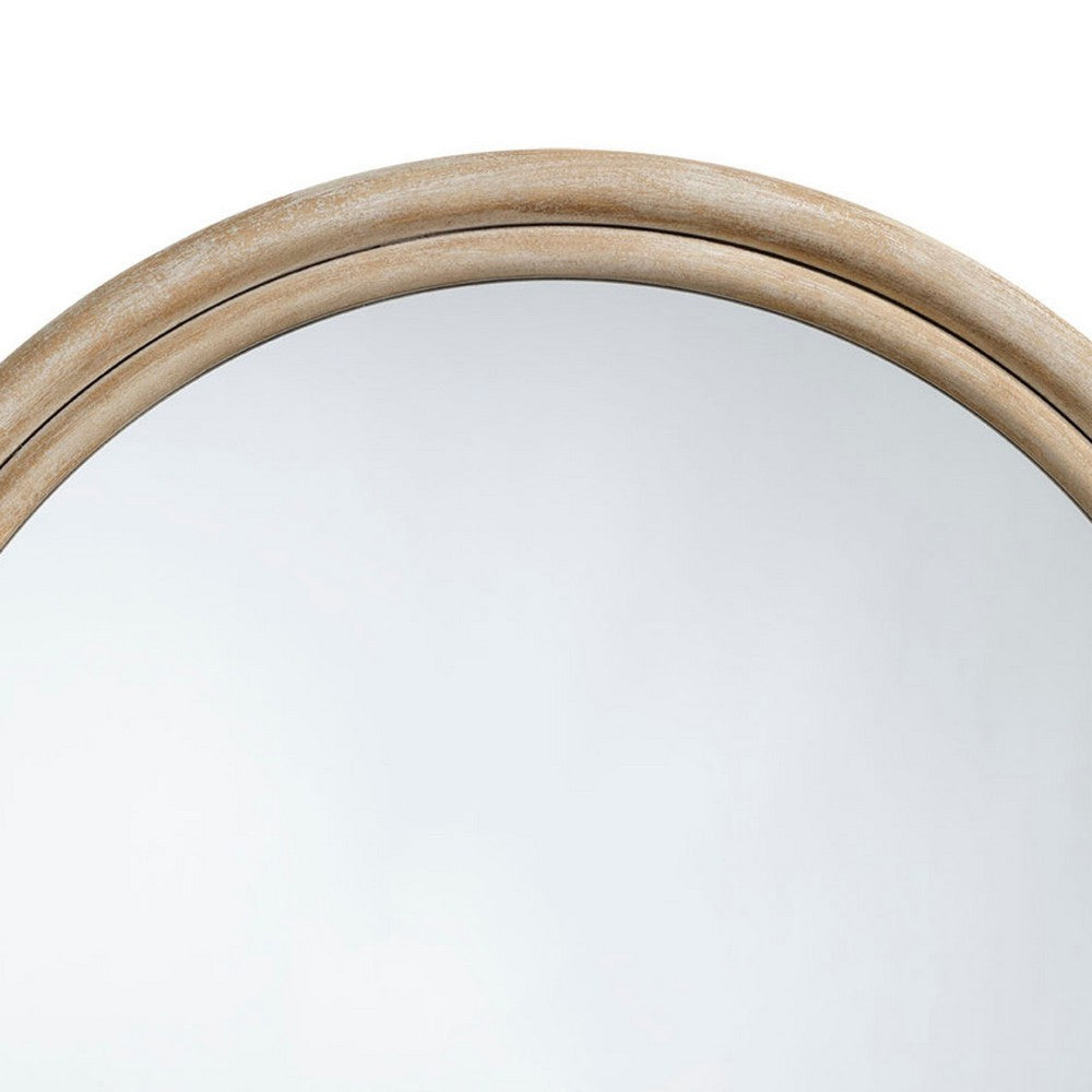 Riri Round Wall Mirror, 36 Inch Brown Wood Frame, Non Beveled Frame -BM334574