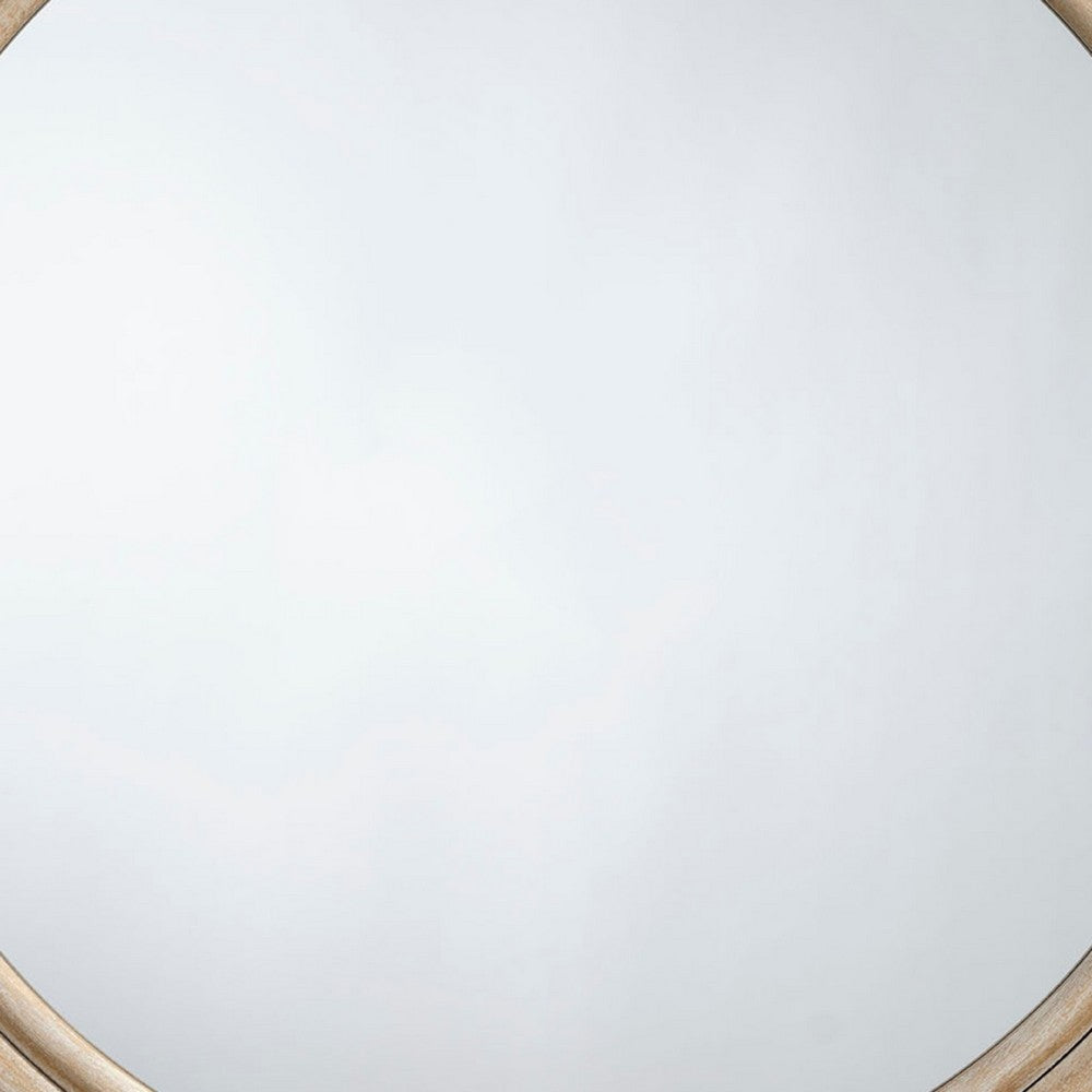 Riri Round Wall Mirror, 36 Inch Brown Wood Frame, Non Beveled Frame -BM334574