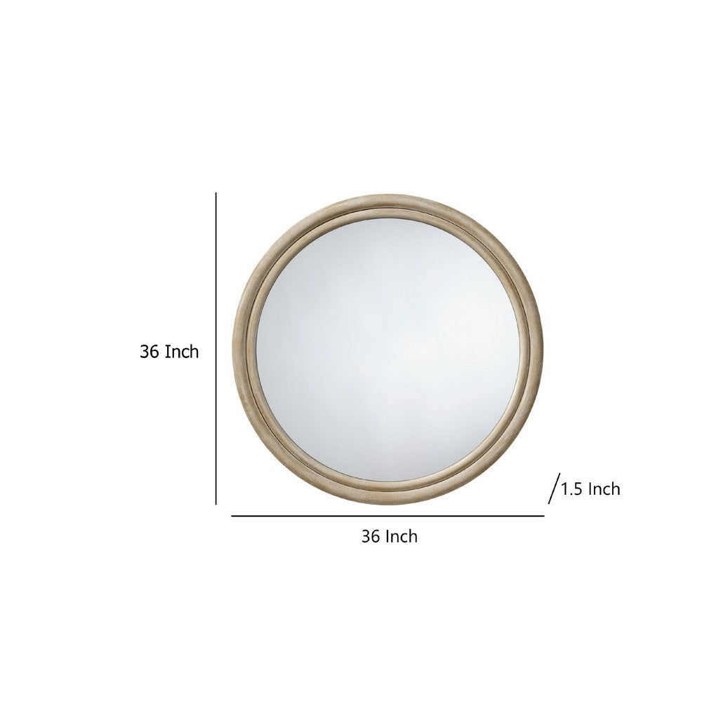Riri Round Wall Mirror, 36 Inch Brown Wood Frame, Non Beveled Frame -BM334574