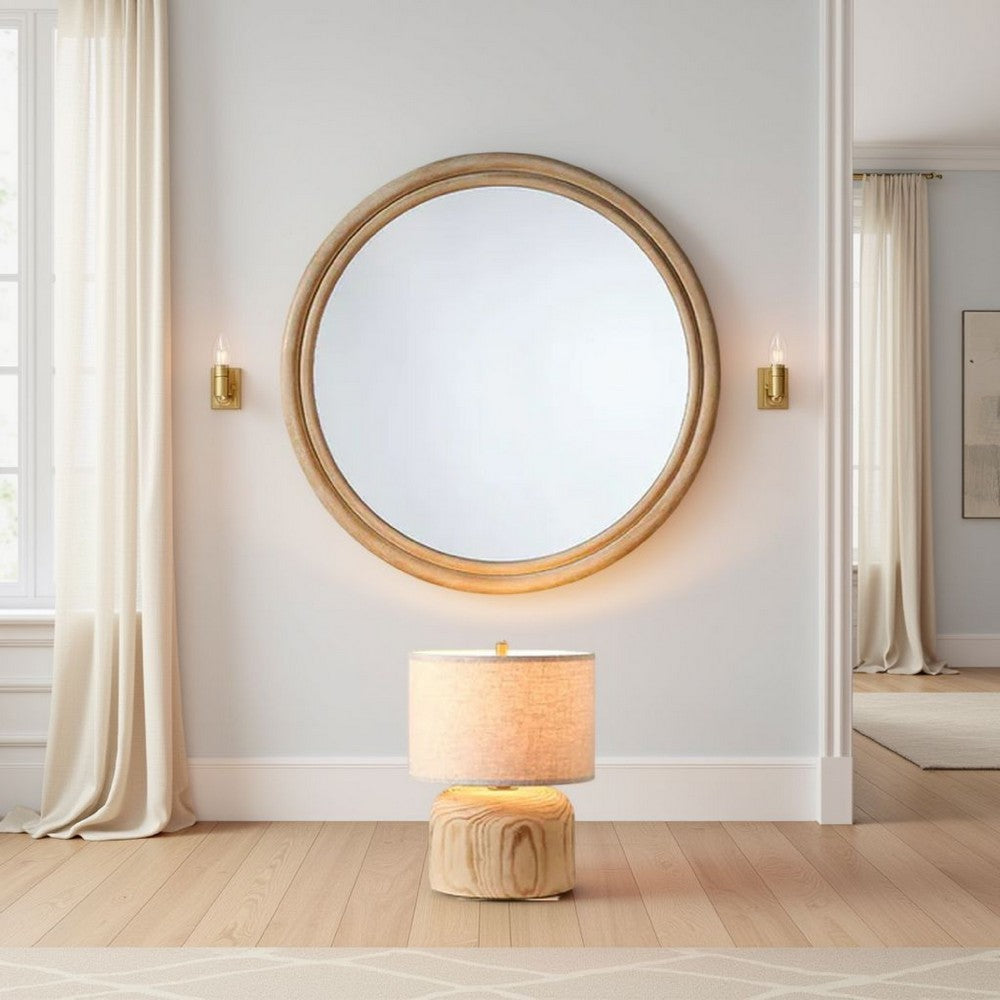 Riri Round Wall Mirror, 36 Inch Brown Wood Frame, Non Beveled Frame -BM334574