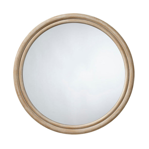 Riri Round Wall Mirror, 36 Inch Brown Wood Frame, Non Beveled Frame -BM334574