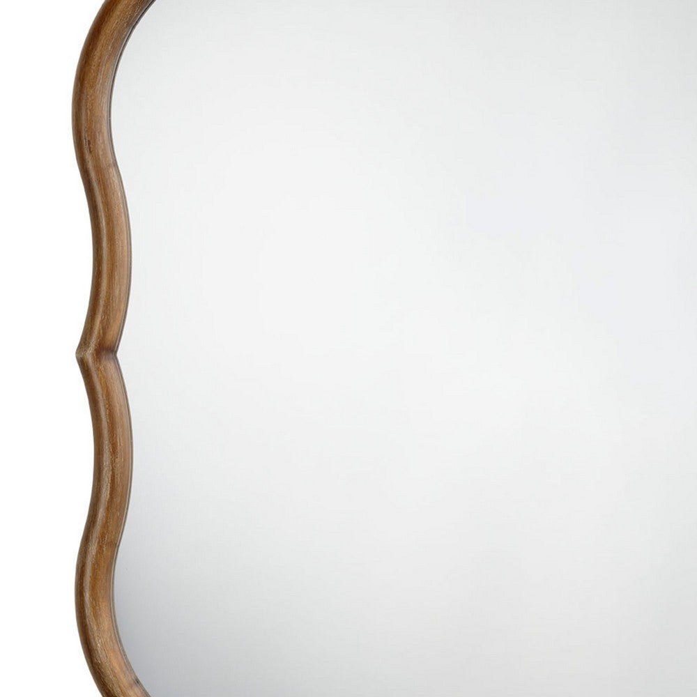 Deri Scalloped Wall Mirror, 31 Inch Brown Frame, Non Beveled Edge -BM334576