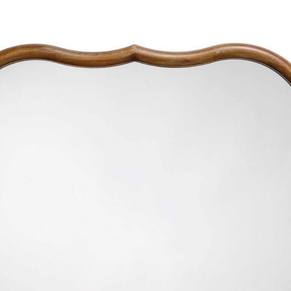 Deri Scalloped Wall Mirror, 31 Inch Brown Frame, Non Beveled Edge -BM334576