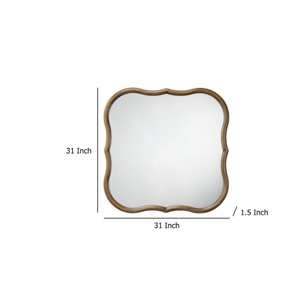Deri Scalloped Wall Mirror, 31 Inch Brown Frame, Non Beveled Edge -BM334576