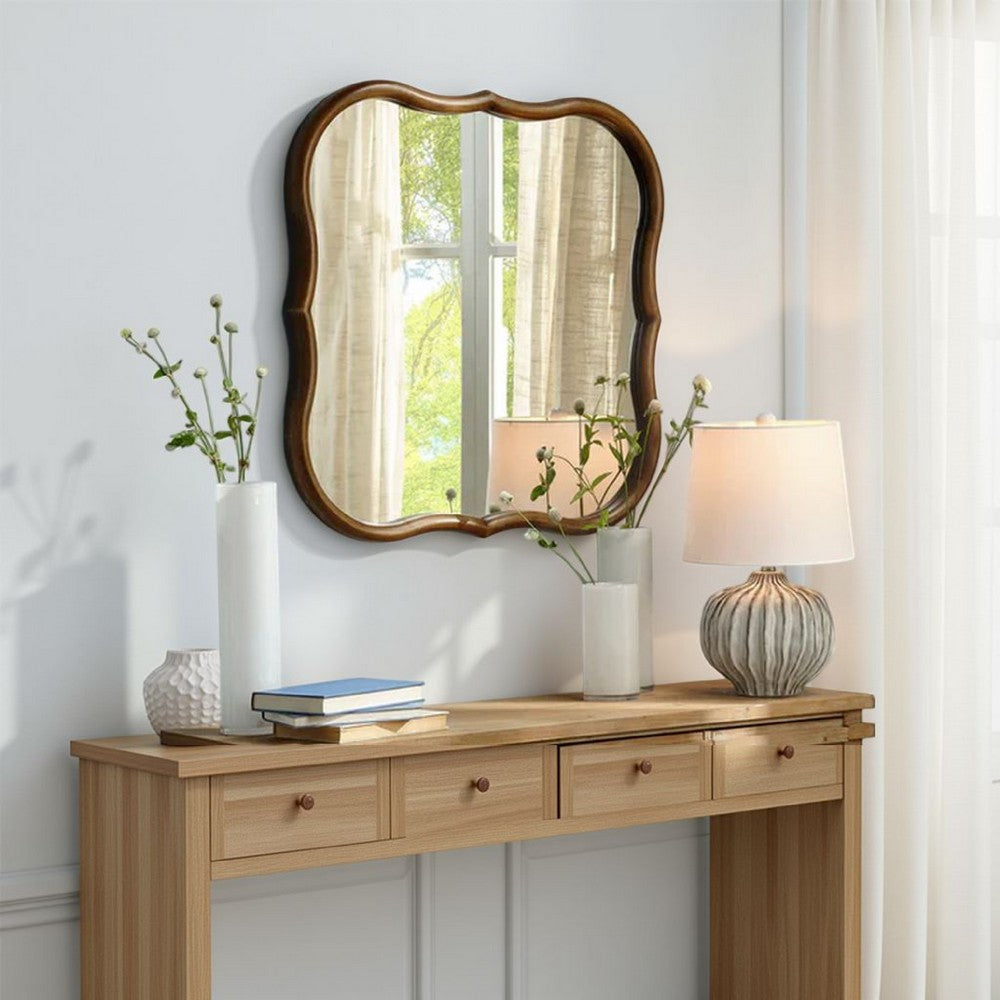 Deri Scalloped Wall Mirror, 31 Inch Brown Frame, Non Beveled Edge -BM334576