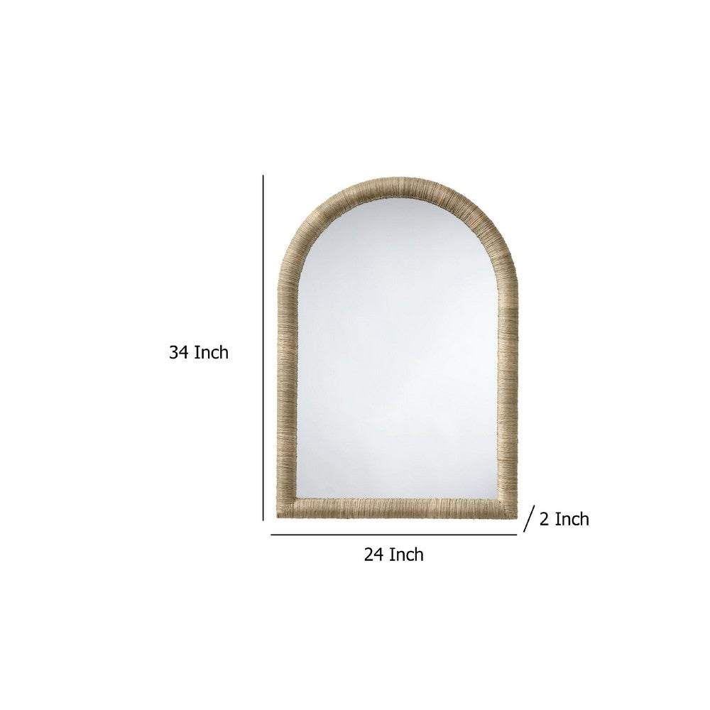 Tipz Wall Mirror, 34 Inch Natural Brown Arch Frame, Woven Seagrass -BM334578