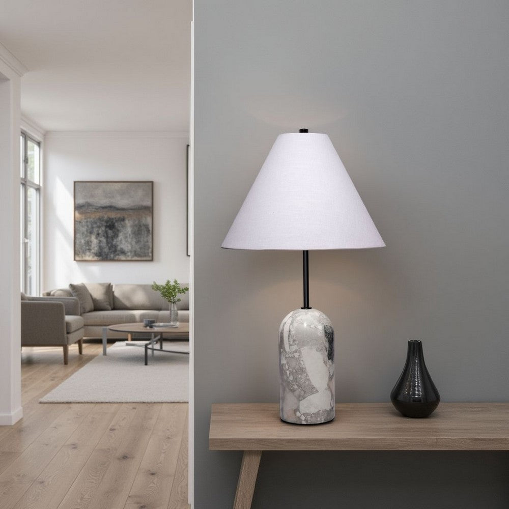 Hely Accent Table Lamp, Linen Cone Shade, Travertine Stone 28 Inch -BM334579