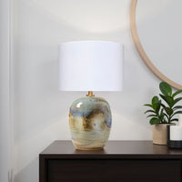 Sivy Accent Table Lamp, Linen, Round Abstract Ceramic Blue 26 Inch -BM334583