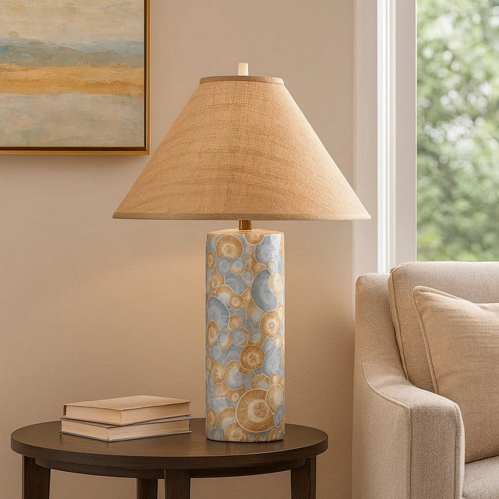 Eriy Accent Table Lamp, Brown Raffia Cone Shade, Blue Abstract 29 Inch -BM334584
