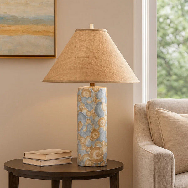 Eriy Accent Table Lamp, Brown Raffia Cone Shade, Blue Abstract 29 Inch -BM334584