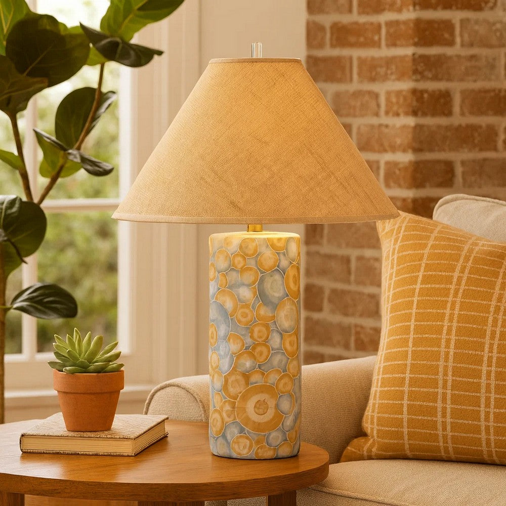 Eriy Accent Table Lamp, Brown Raffia Cone Shade, Blue Abstract 29 Inch -BM334584