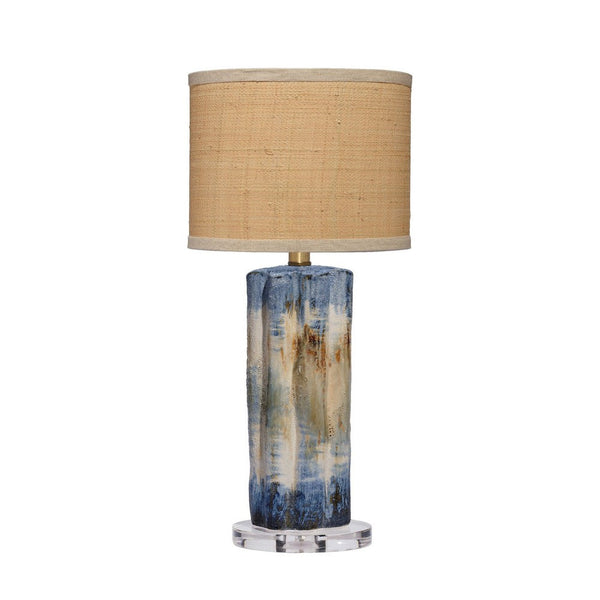 Absy Accent Table Lamp, Brown Oval Raffia Shade, Abstract Blue 23 Inch -BM334586