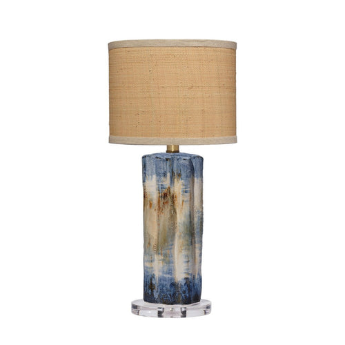 Absy Accent Table Lamp, Brown Oval Raffia Shade, Abstract Blue 23 Inch -BM334586