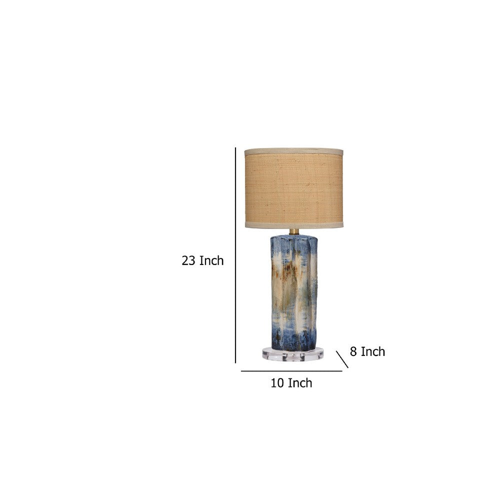 Absy Accent Table Lamp, Brown Oval Raffia Shade, Abstract Blue 23 Inch -BM334586