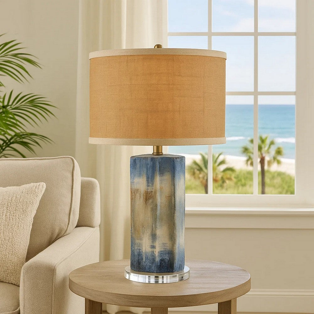 Absy Accent Table Lamp, Brown Oval Raffia Shade, Abstract Blue 23 Inch -BM334586