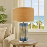 Absy Accent Table Lamp, Brown Oval Raffia Shade, Abstract Blue 23 Inch -BM334586