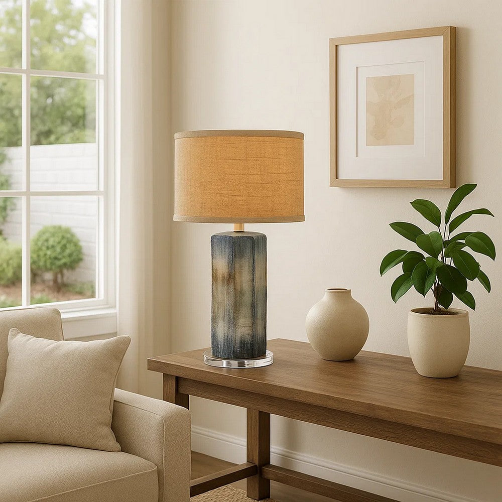 Absy Accent Table Lamp, Brown Oval Raffia Shade, Abstract Blue 23 Inch -BM334586