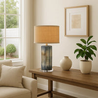 Absy Accent Table Lamp, Brown Oval Raffia Shade, Abstract Blue 23 Inch -BM334586