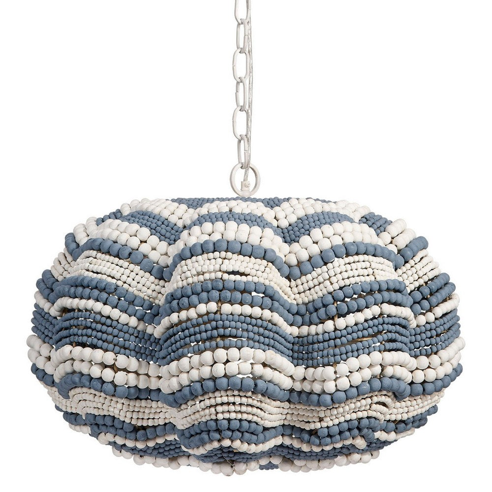 Fero Chandelier, Blue White Handcarved Mango Wood Beads, 27 Inch -BM334602