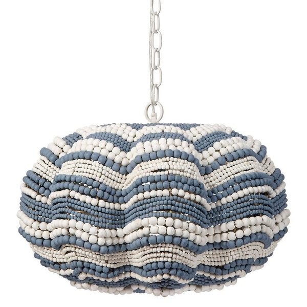 Fero Chandelier, Blue White Handcarved Mango Wood Beads, 27 Inch -BM334602