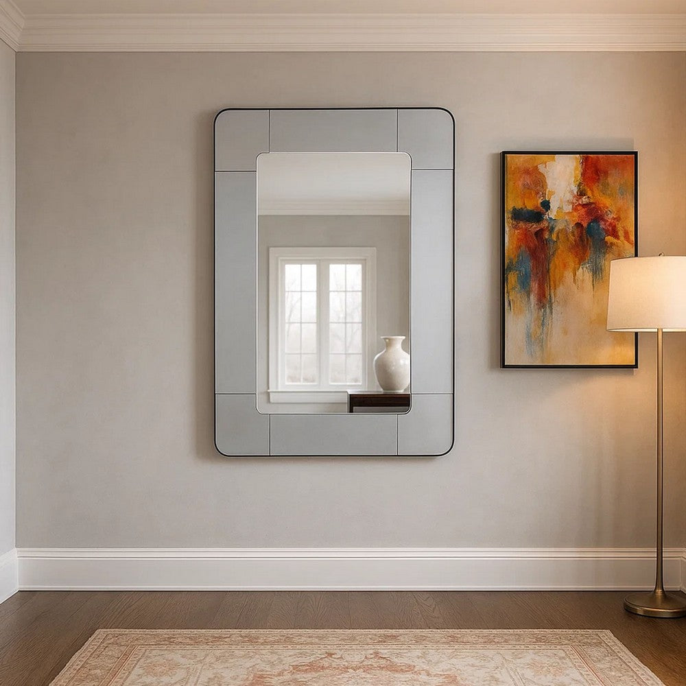 Fexo Wall Mirror, 36 Inch Mercury Glass Silver Frame, Hand Forged Iron -BM334605