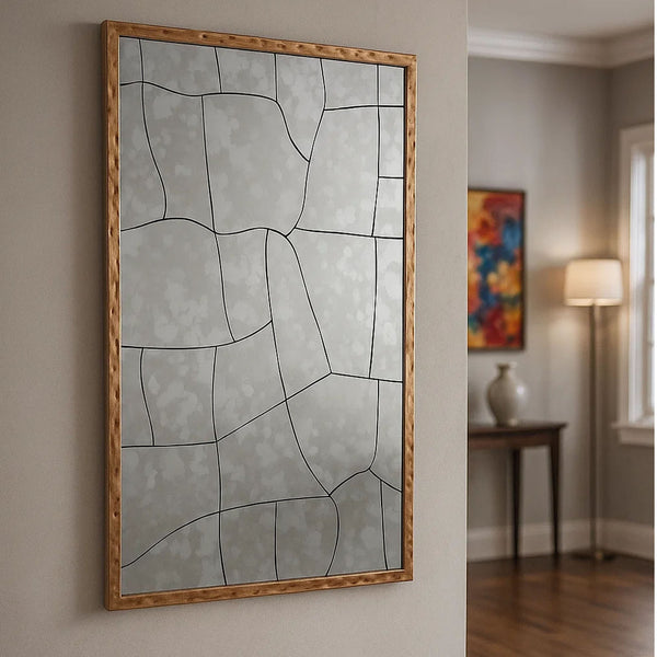 Heri Wall Decor Mirror, Mosaic Pattern, 35 Inch Hammered Brass Metal -BM334606
