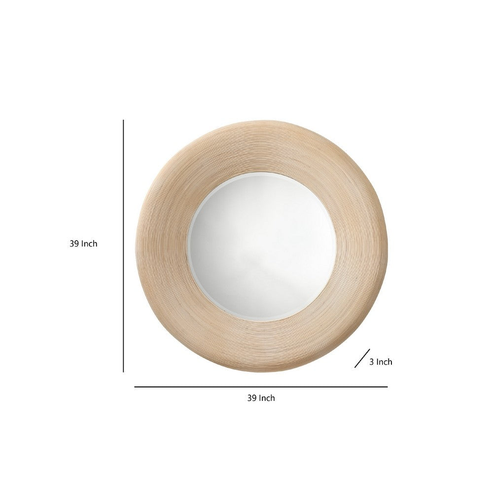 Defy Wall Mirror, 39 Inch Round Frame, Boho Style Ivory Natural Bamboo -BM334607