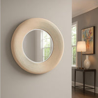 Defy Wall Mirror, 39 Inch Round Frame, Boho Style Ivory Natural Bamboo -BM334607