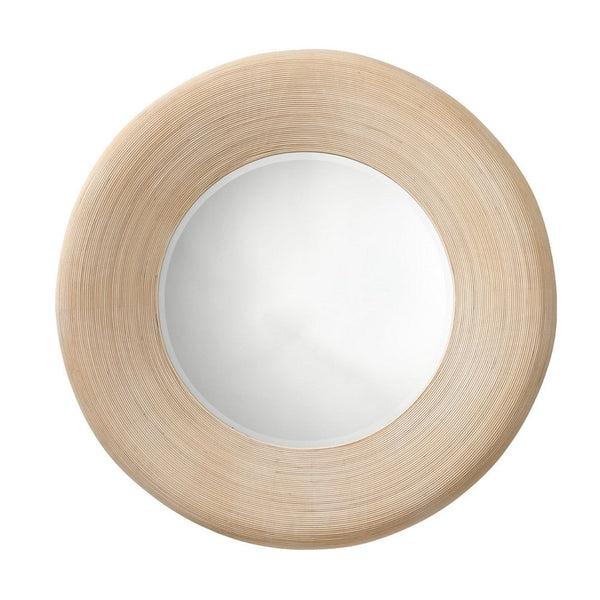Defy Wall Mirror, 39 Inch Round Frame, Boho Style Ivory Natural Bamboo -BM334607