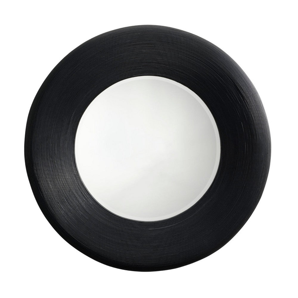 Defy Wall Mirror, 39 Inch Round Frame, Boho Style Black Natural Bamboo -BM334608