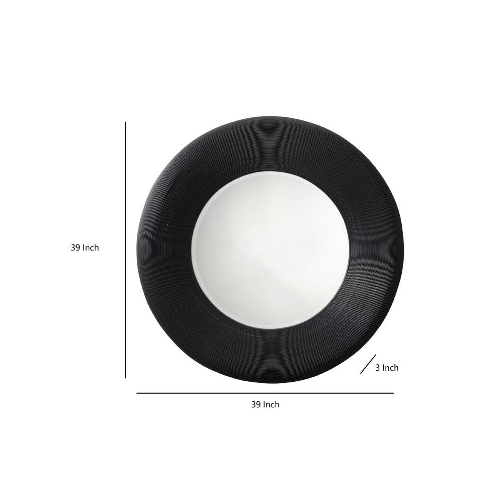 Defy Wall Mirror, 39 Inch Round Frame, Boho Style Black Natural Bamboo -BM334608