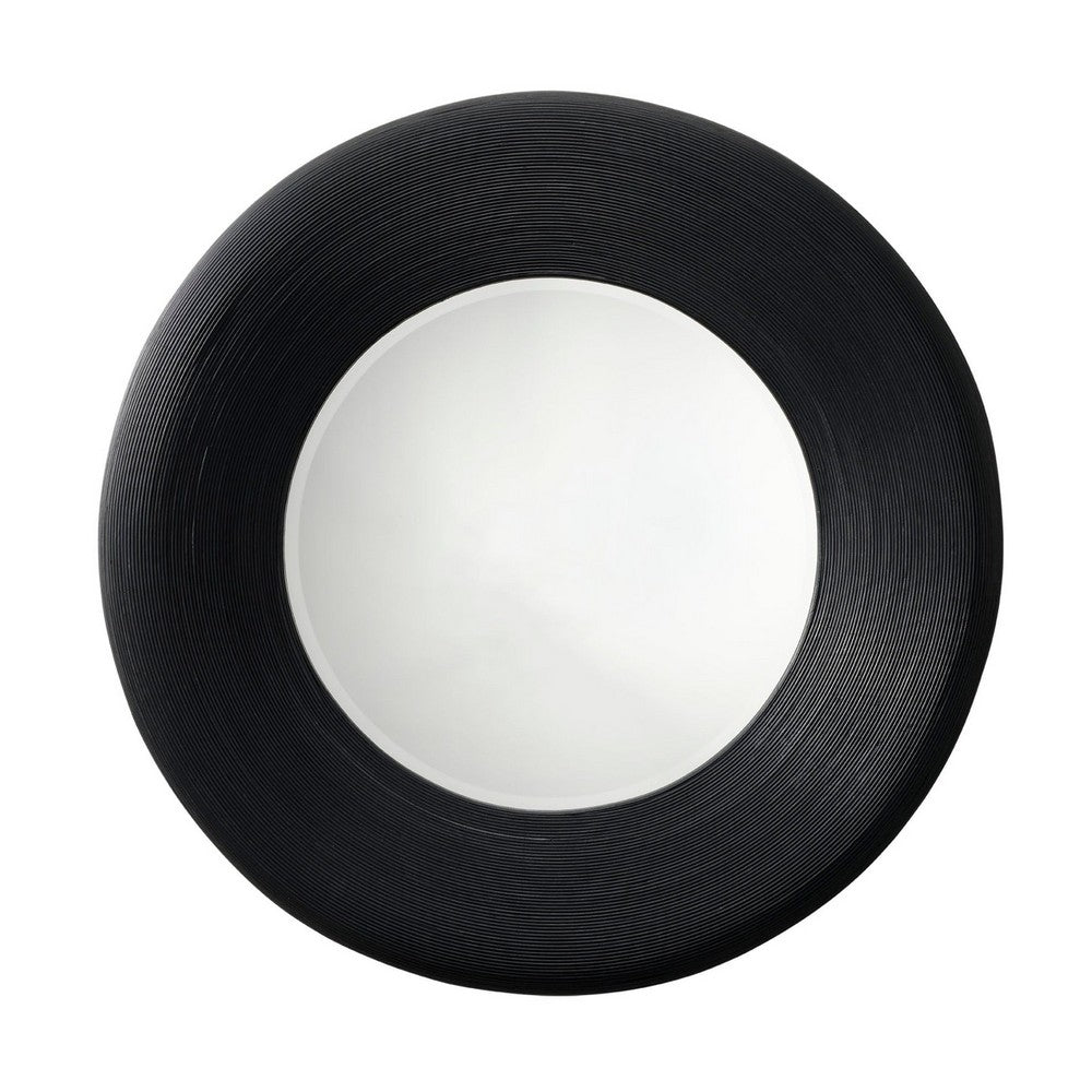 Defy Wall Mirror, 39 Inch Round Frame, Boho Style Black Natural Bamboo -BM334608