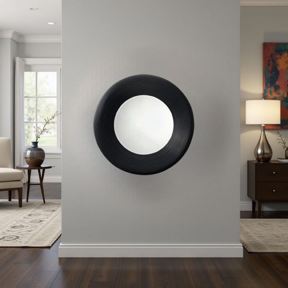Defy Wall Mirror, 39 Inch Round Frame, Boho Style Black Natural Bamboo -BM334608