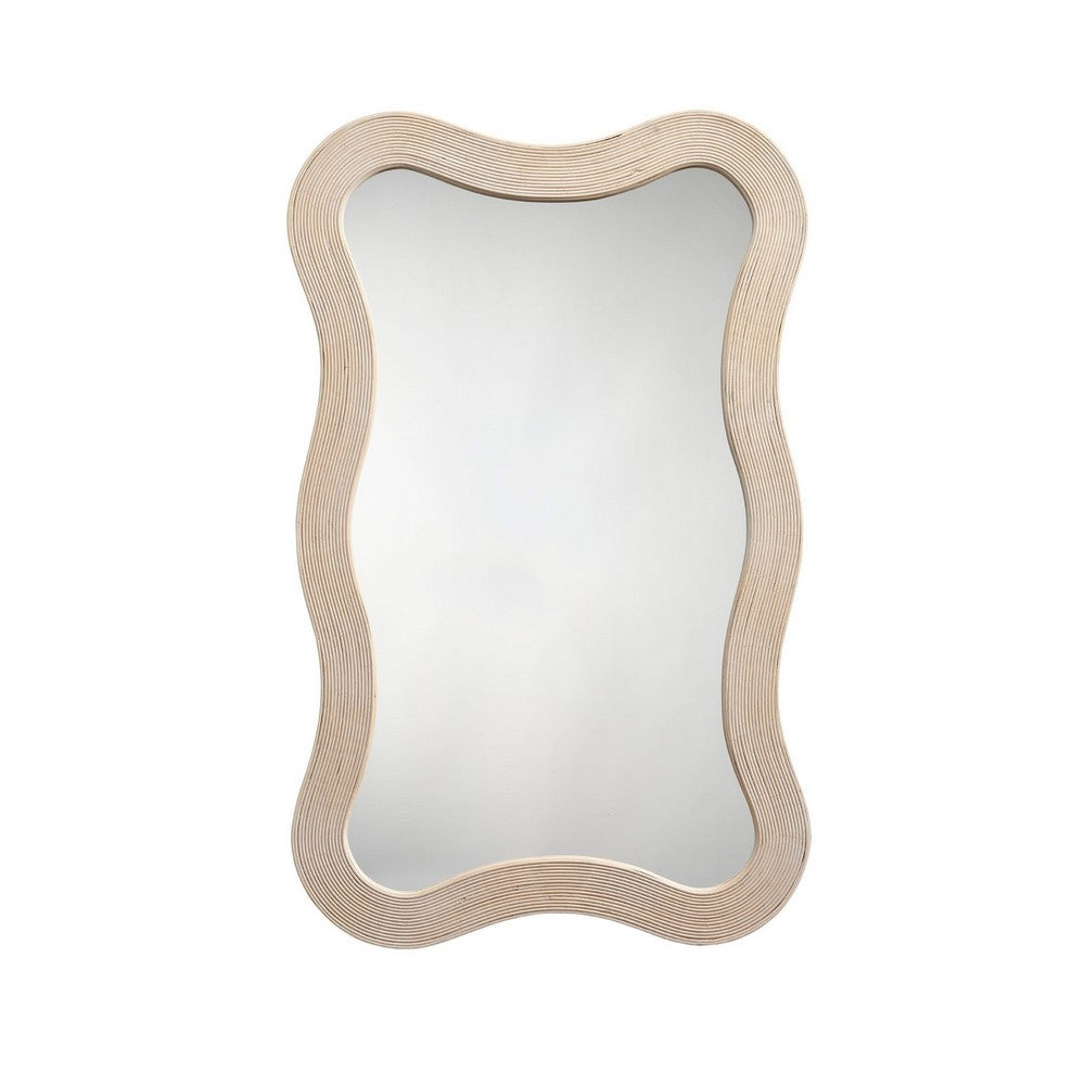 Lery Wall Mirror, 38 Inch Wavy Frame, Boho Style Ivory Natural Bamboo -BM334609