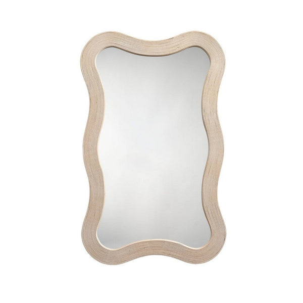 Lery Wall Mirror, 38 Inch Wavy Frame, Boho Style Ivory Natural Bamboo -BM334609