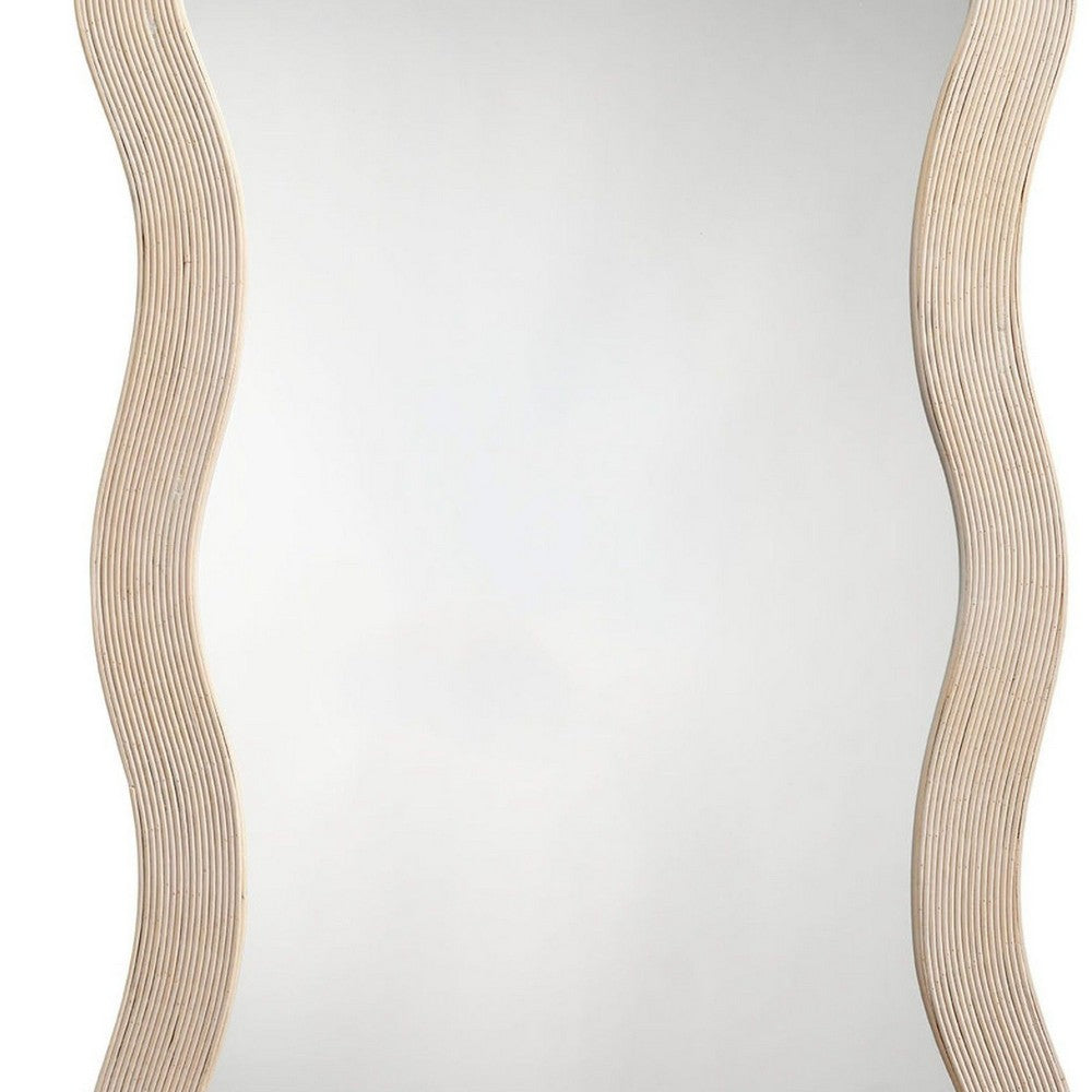 Lery Wall Mirror, 38 Inch Wavy Frame, Boho Style Ivory Natural Bamboo -BM334609