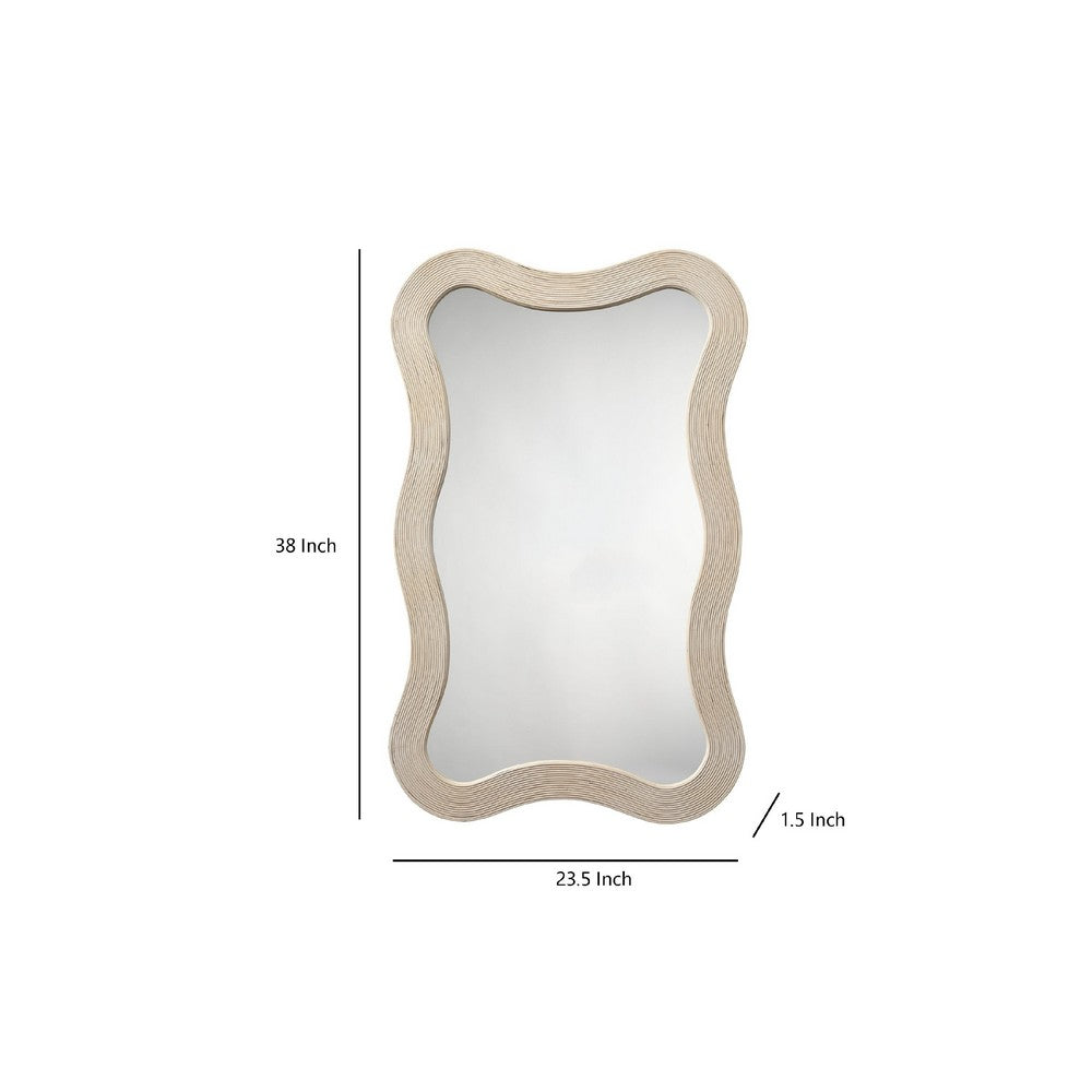 Lery Wall Mirror, 38 Inch Wavy Frame, Boho Style Ivory Natural Bamboo -BM334609