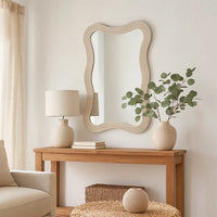 Lery Wall Mirror, 38 Inch Wavy Frame, Boho Style Ivory Natural Bamboo -BM334609