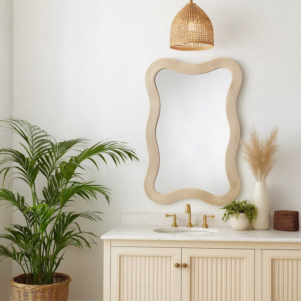 Lery Wall Mirror, 38 Inch Wavy Frame, Boho Style Ivory Natural Bamboo -BM334609