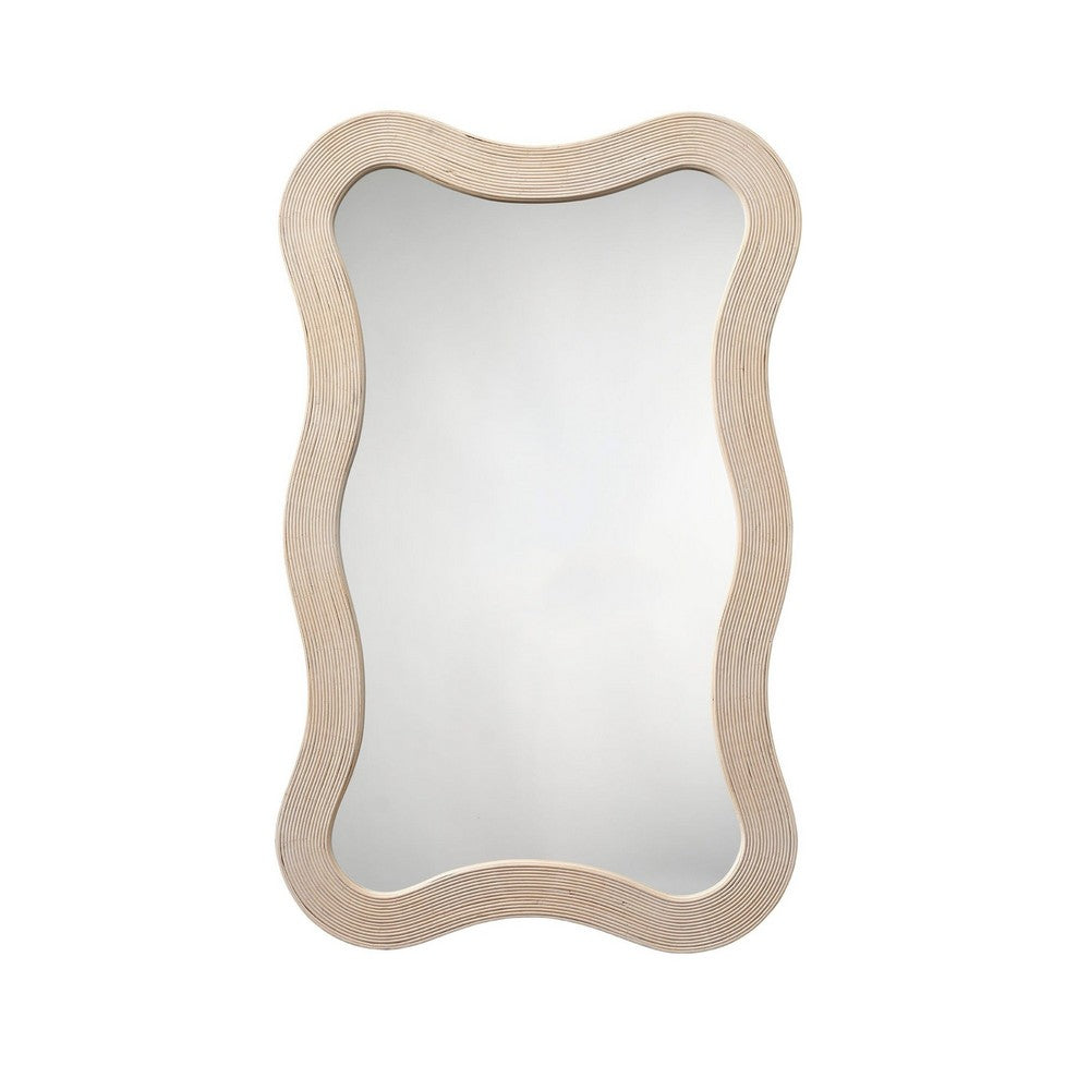 Lery Wall Mirror, 38 Inch Wavy Frame, Boho Style Ivory Natural Bamboo -BM334609