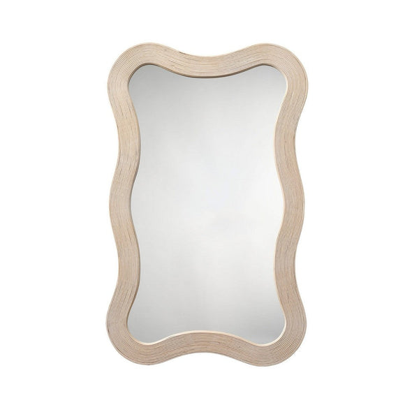 Lery Wall Mirror, 38 Inch Wavy Frame, Boho Style Ivory Natural Bamboo -BM334609
