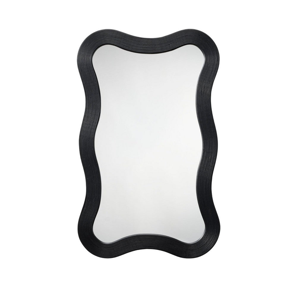 Lery Wall Mirror, 38 Inch Wavy Frame, Boho Style Black Natural Bamboo -BM334610