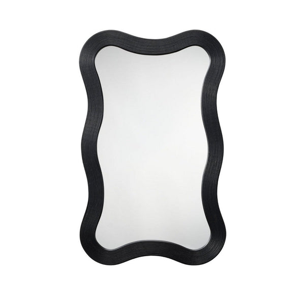 Lery Wall Mirror, 38 Inch Wavy Frame, Boho Style Black Natural Bamboo -BM334610