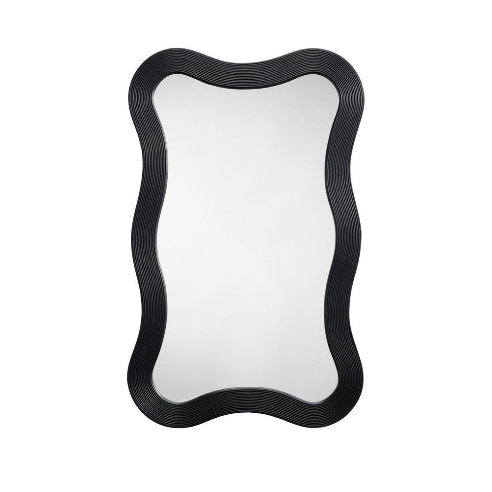 Lery Wall Mirror, 38 Inch Wavy Frame, Boho Style Black Natural Bamboo -BM334610