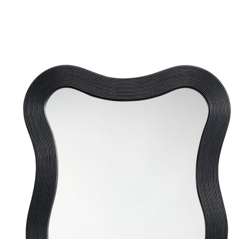 Lery Wall Mirror, 38 Inch Wavy Frame, Boho Style Black Natural Bamboo -BM334610