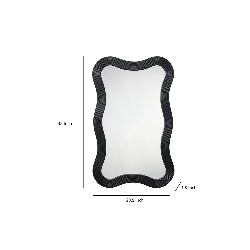 Lery Wall Mirror, 38 Inch Wavy Frame, Boho Style Black Natural Bamboo -BM334610