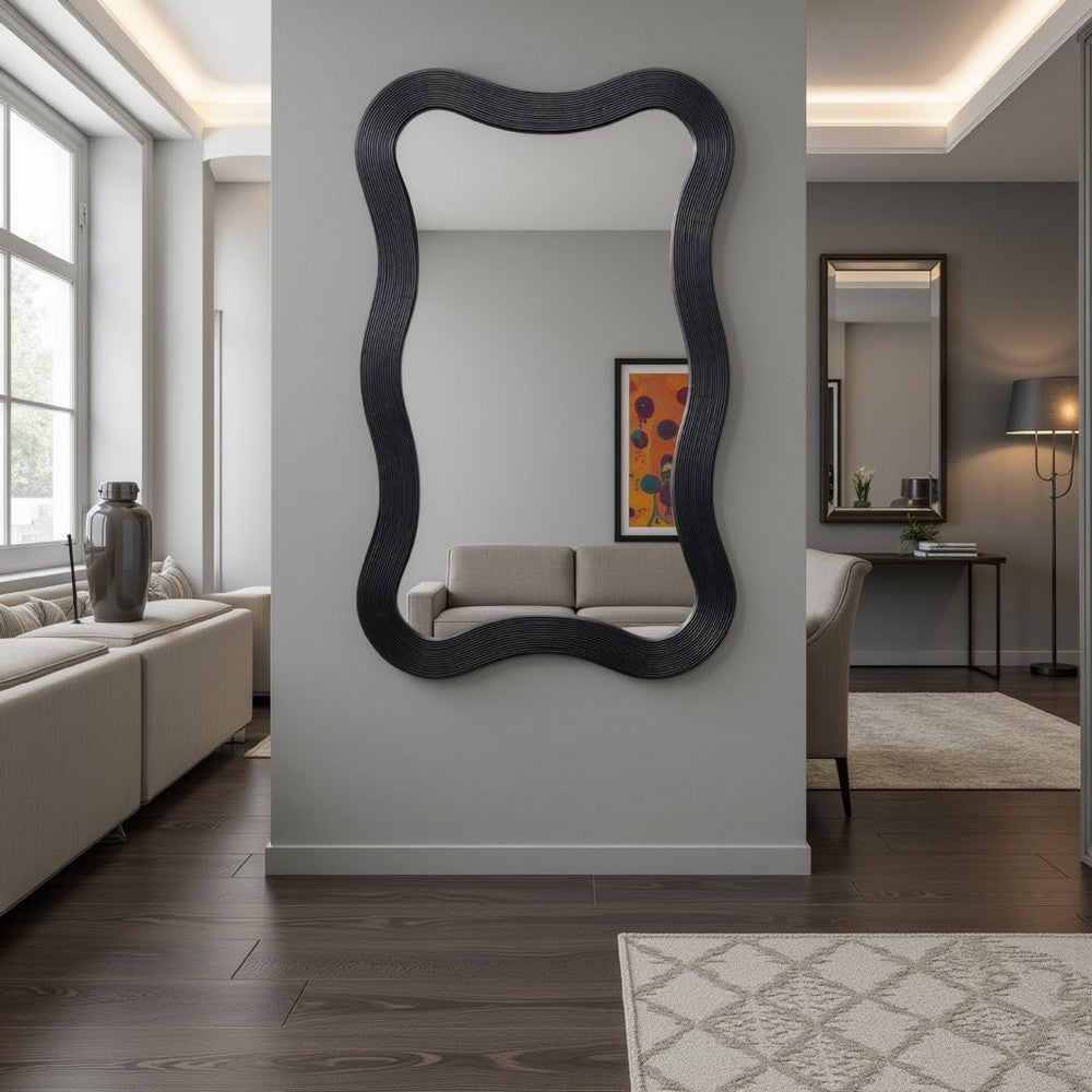 Lery Wall Mirror, 38 Inch Wavy Frame, Boho Style Black Natural Bamboo -BM334610
