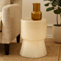 Hery Garden Stool Side Table, Hourglass, Glossy Ivory Soda Lime Glass -BM334611